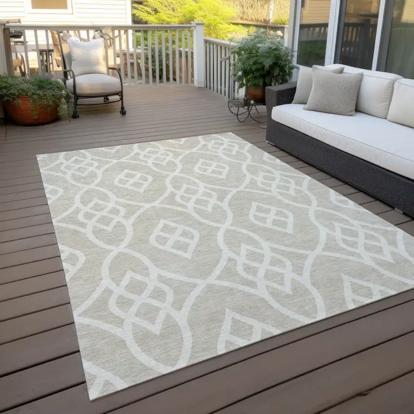 Beige And Ivory Trellis Washable Indoor Outdoor Area Rug Photo 8