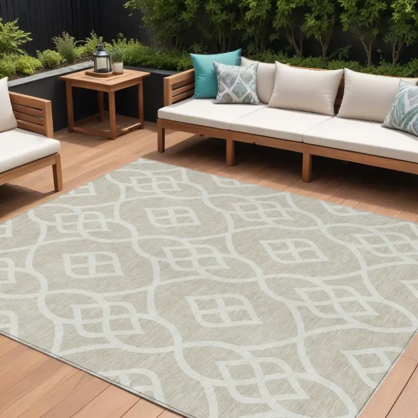 Beige And Ivory Trellis Washable Indoor Outdoor Area Rug Photo 1