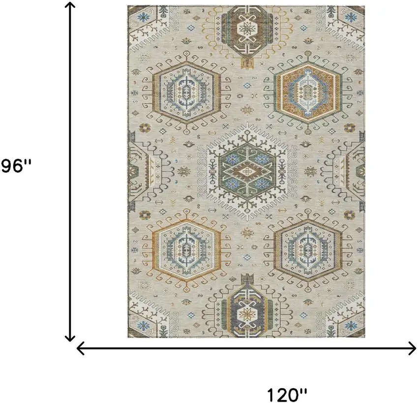 Beige And Ivory Tribal Washable Indoor Outdoor Area Rug Photo 5