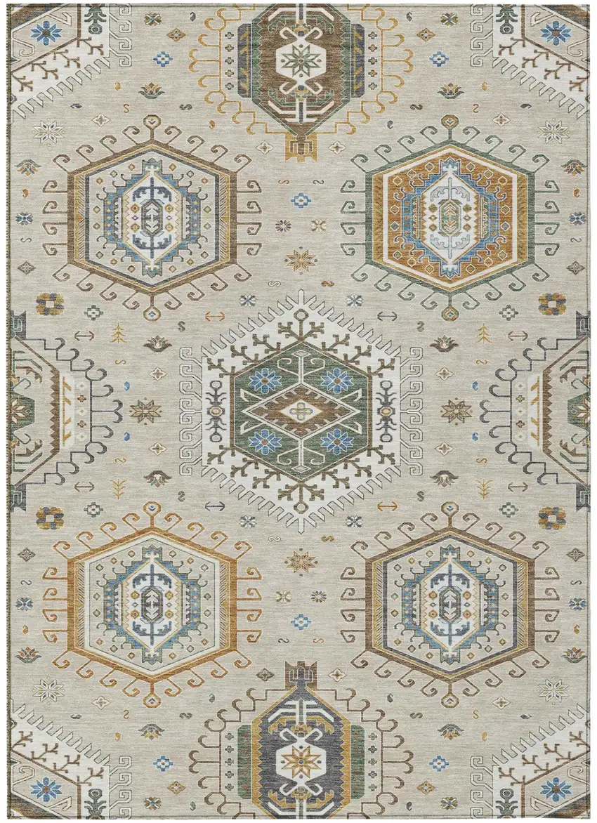 Beige And Ivory Tribal Washable Indoor Outdoor Area Rug Photo 1