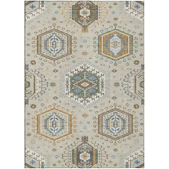 Beige And Ivory Tribal Washable Indoor Outdoor Area Rug Photo 1