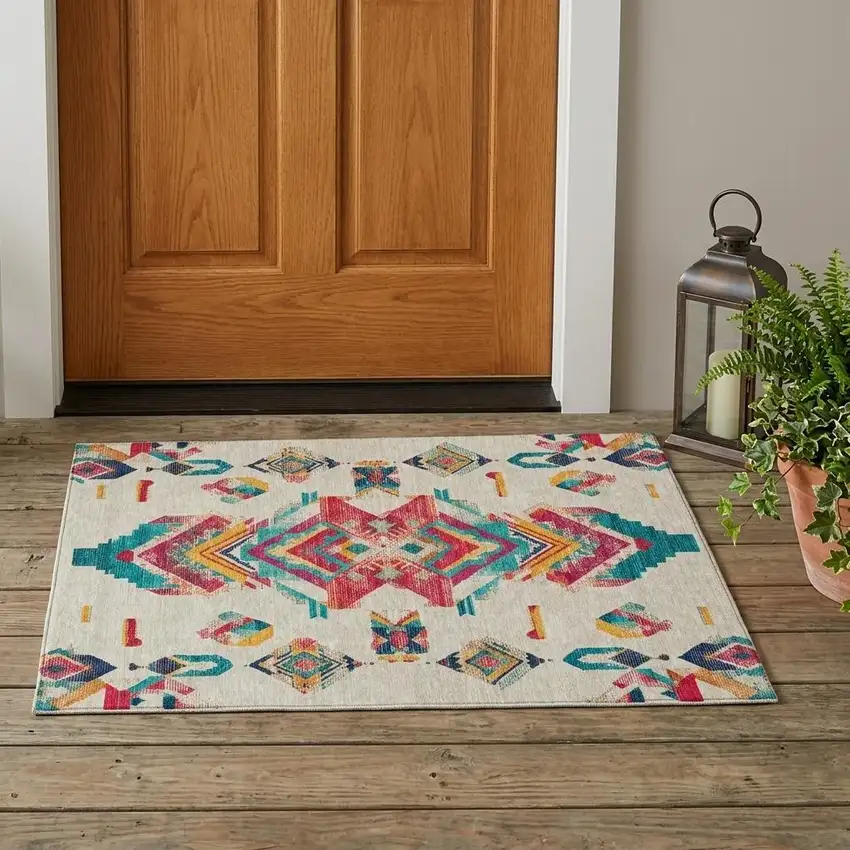 Beige And Ivory Tribal Washable Indoor Outdoor Area Rug Photo 1