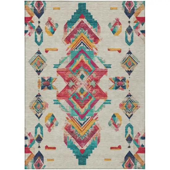 Beige And Ivory Tribal Washable Indoor Outdoor Area Rug Photo 2