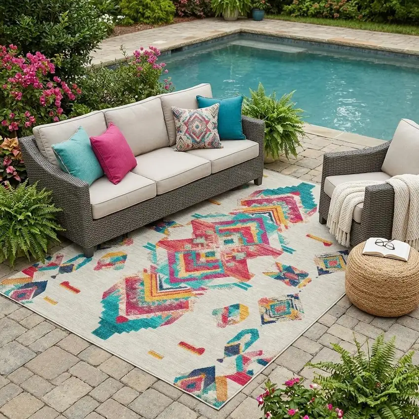 Beige And Ivory Tribal Washable Indoor Outdoor Area Rug Photo 1