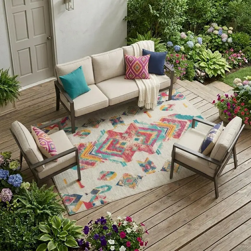 Beige And Ivory Tribal Washable Indoor Outdoor Area Rug Photo 1