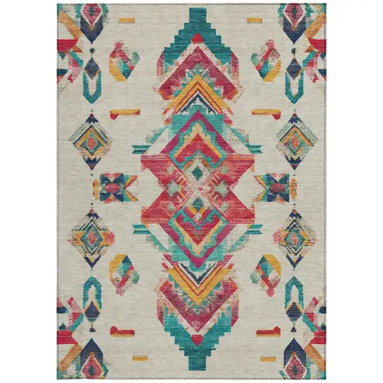 Beige And Ivory Tribal Washable Indoor Outdoor Area Rug Photo 3