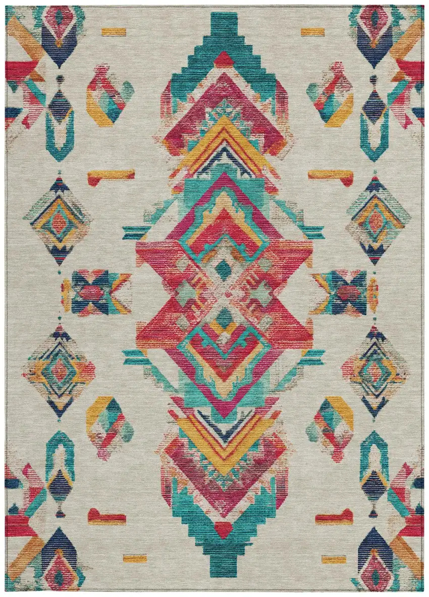 Beige And Ivory Tribal Washable Indoor Outdoor Area Rug Photo 3