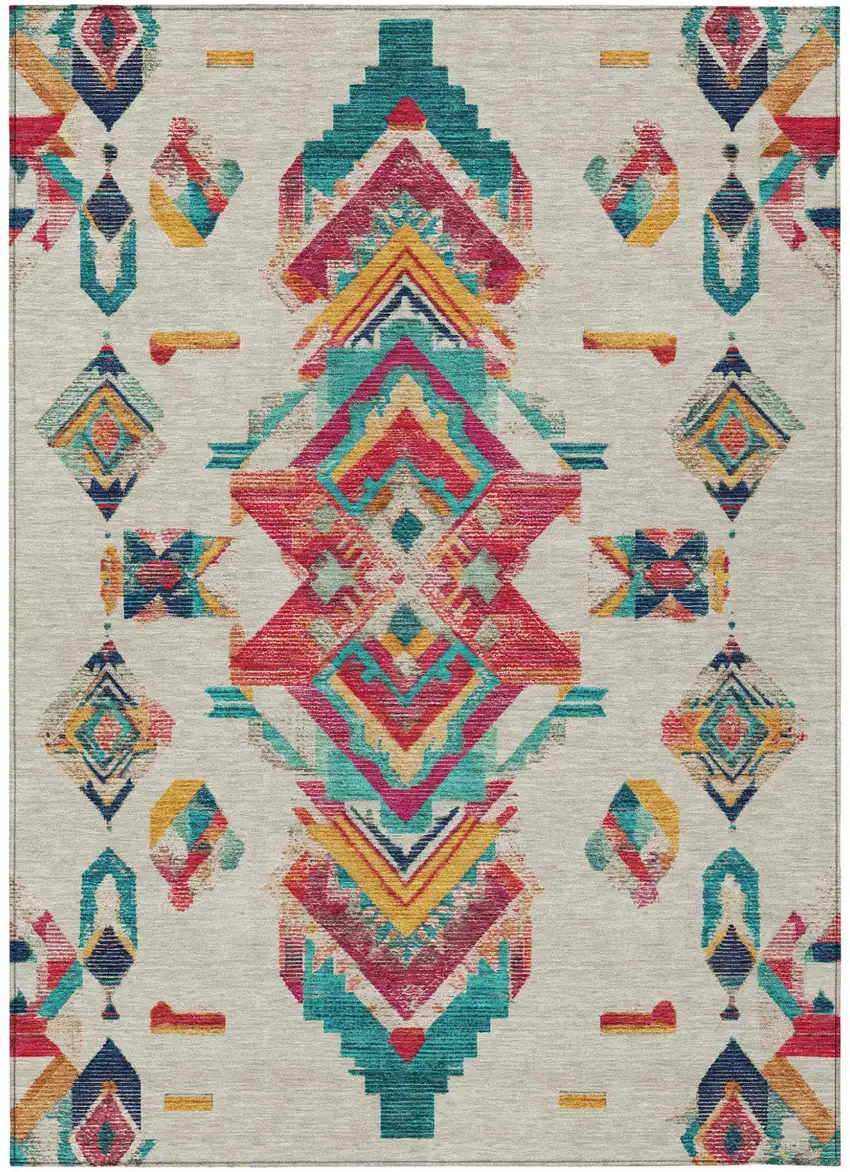 Beige And Ivory Tribal Washable Indoor Outdoor Area Rug Photo 2