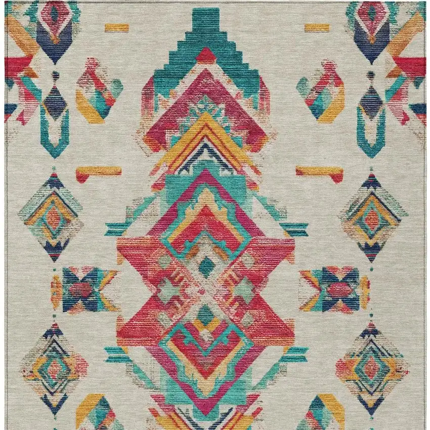 Beige And Ivory Tribal Washable Indoor Outdoor Area Rug Photo 5