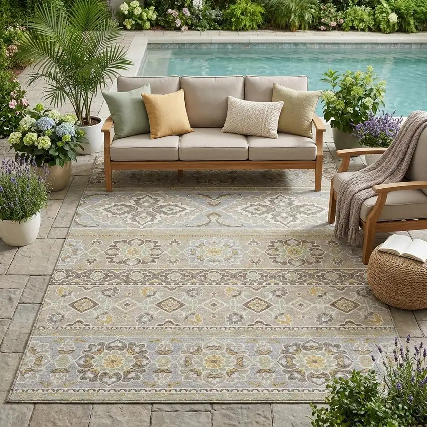 Beige And Ivory Tribal Washable Indoor Outdoor Area Rug Photo 1