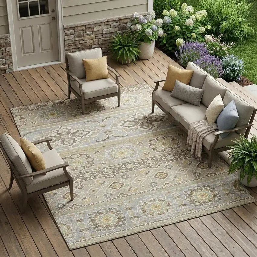Beige And Ivory Tribal Washable Indoor Outdoor Area Rug Photo 1