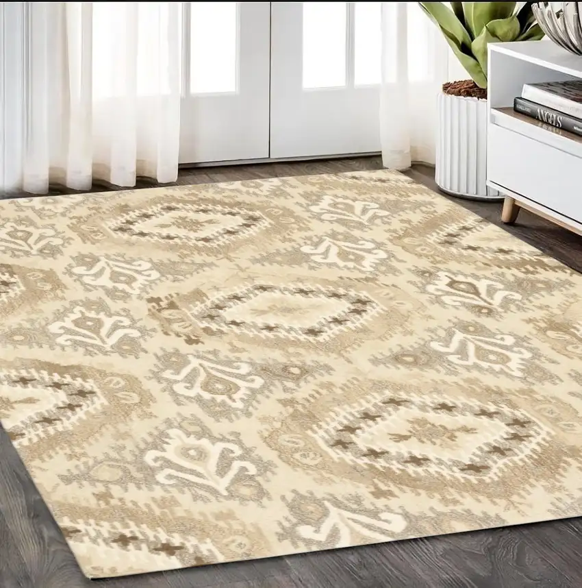 Beige And Ivory Wool Abstract Hand Tufted Area Rug Photo 1