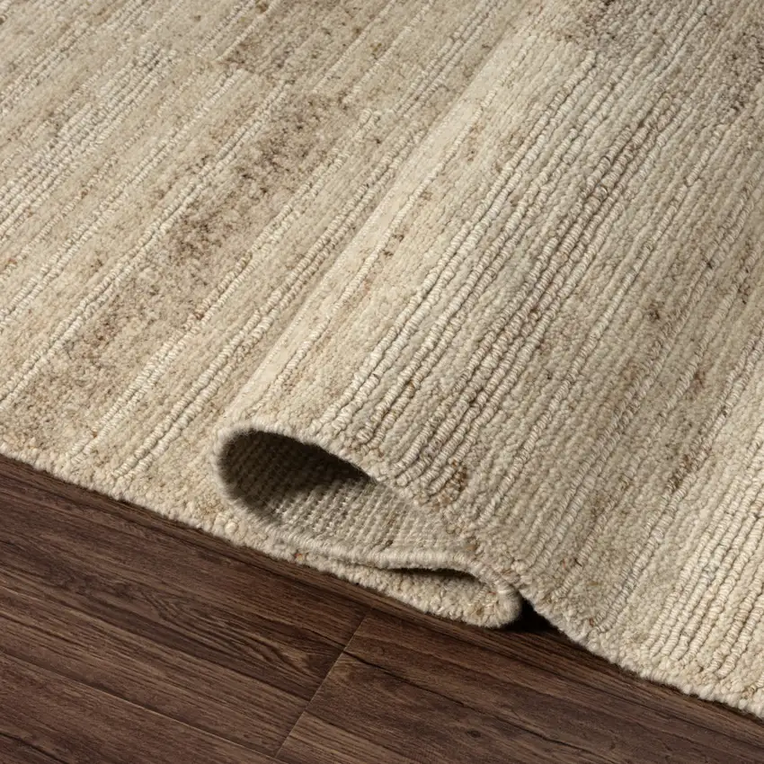 Beige And Ivory Wool Striped Hand Knotted Square Rug Photo 5