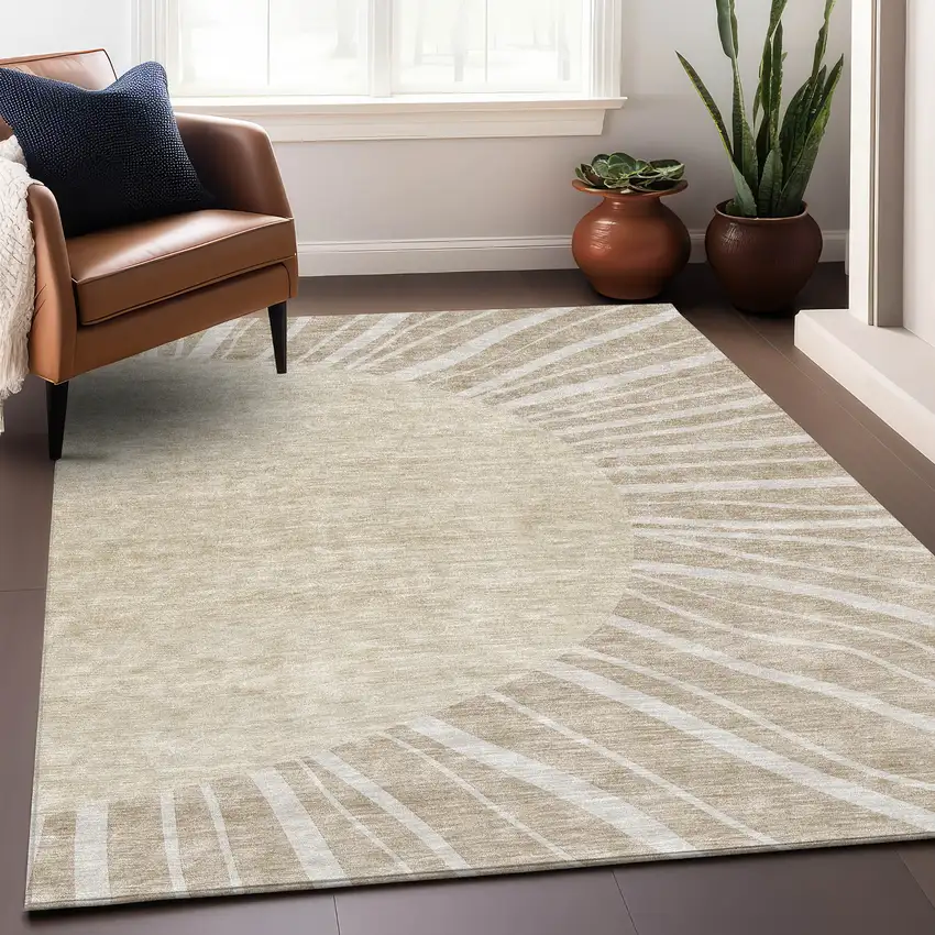 Beige And Khaki Abstract Washable Area Rug With UV Protection Photo 5