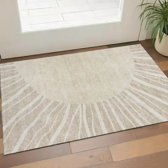 Beige And Khaki Abstract Washable Area Rug With UV Protection Photo 1