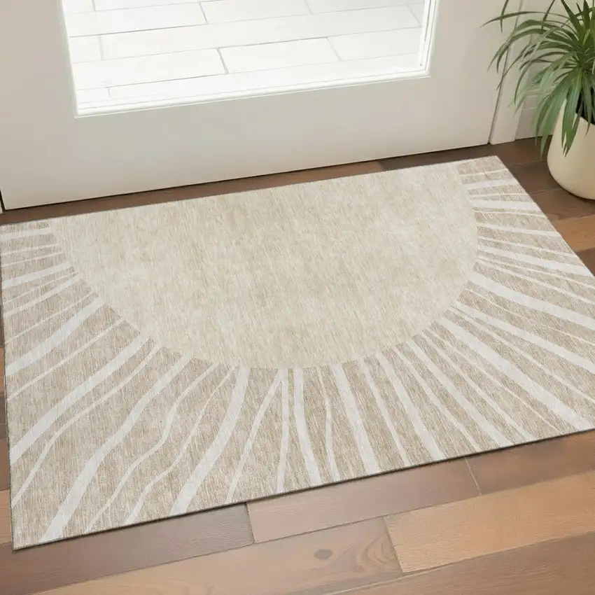 Beige And Khaki Abstract Washable Area Rug With UV Protection Photo 1