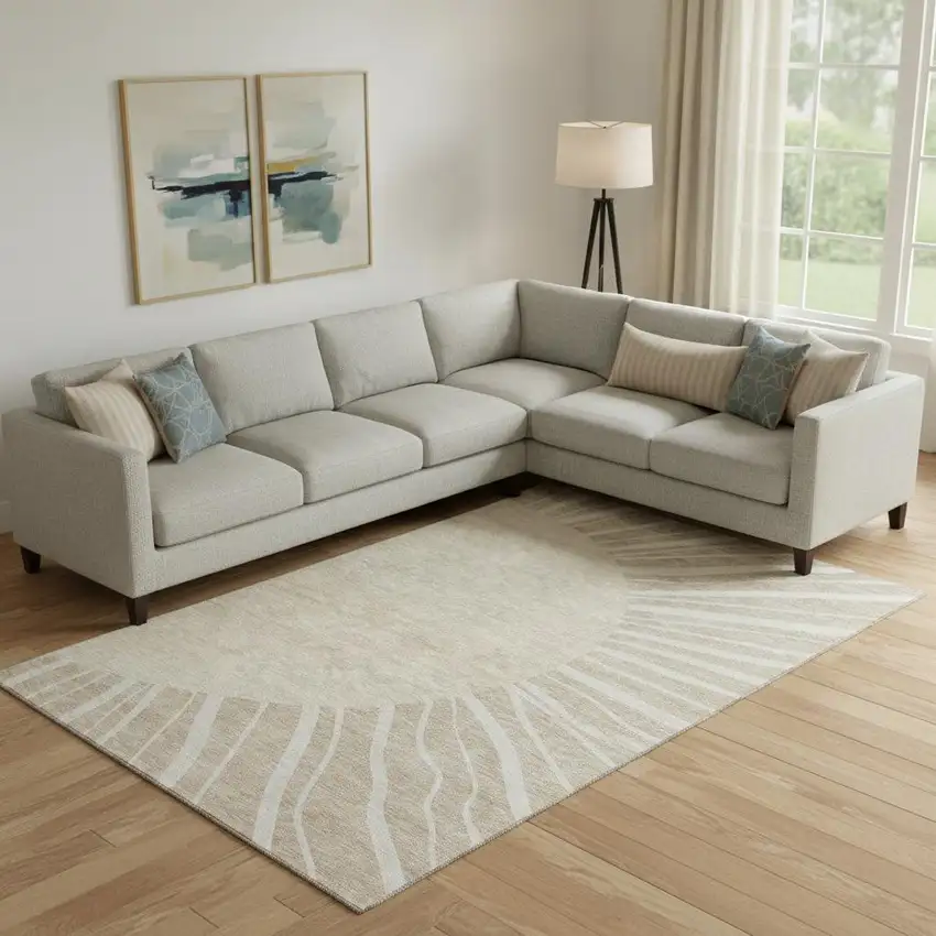 Beige And Khaki Abstract Washable Area Rug With UV Protection Photo 1