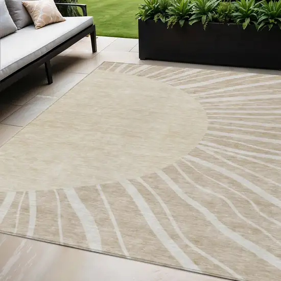 Beige And Khaki Abstract Washable Indoor Outdoor Area Rug Photo 1