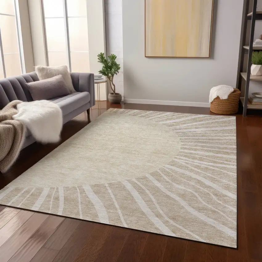Beige And Khaki Abstract Washable Indoor Outdoor Area Rug Photo 8