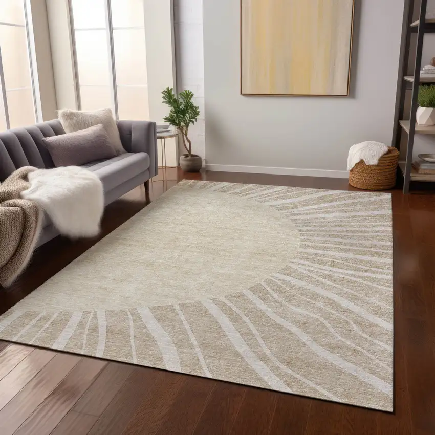 Beige And Khaki Abstract Washable Indoor Outdoor Area Rug Photo 8