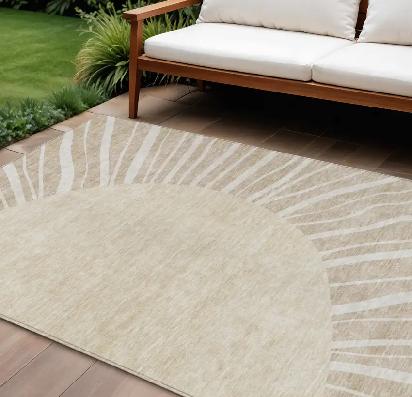 Beige And Khaki Abstract Washable Indoor Outdoor Area Rug Photo 1