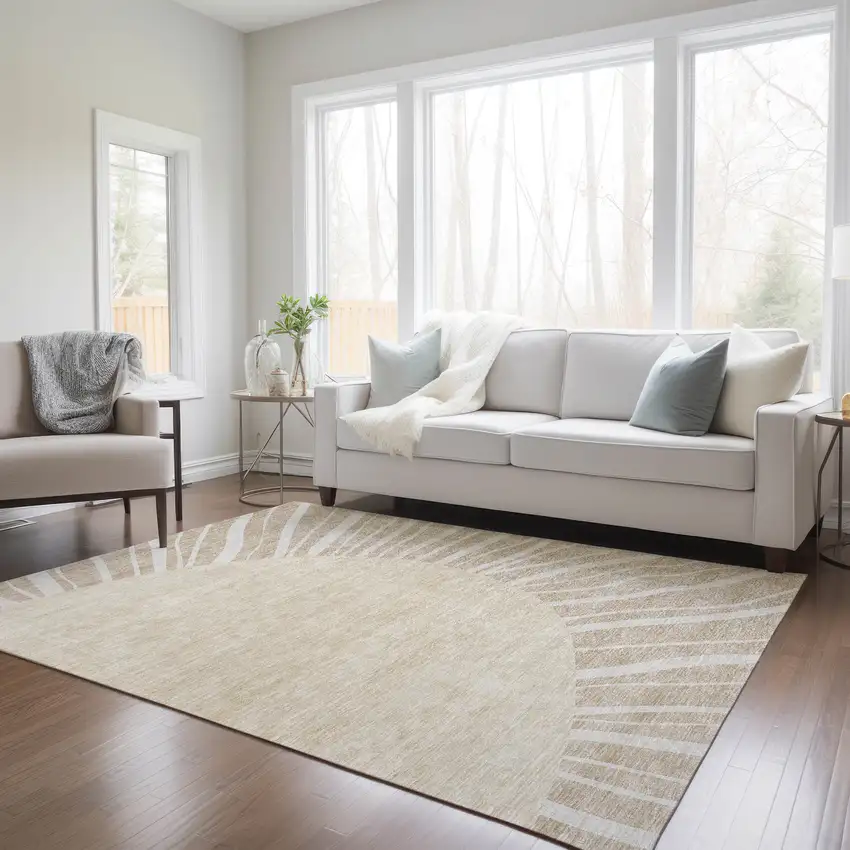 Beige And Khaki Abstract Washable Indoor Outdoor Area Rug Photo 9