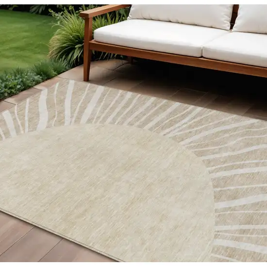 Beige And Khaki Abstract Washable Indoor Outdoor Area Rug Photo 1
