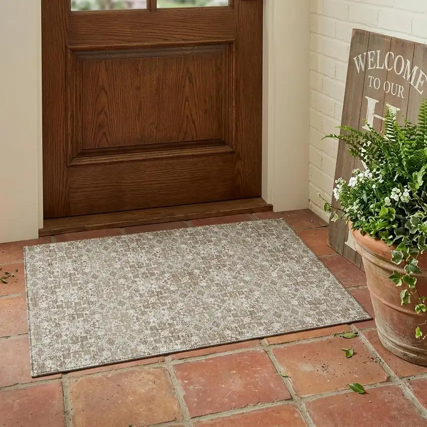 Beige And Khaki Oriental Washable Indoor Outdoor Area Rug Photo 1