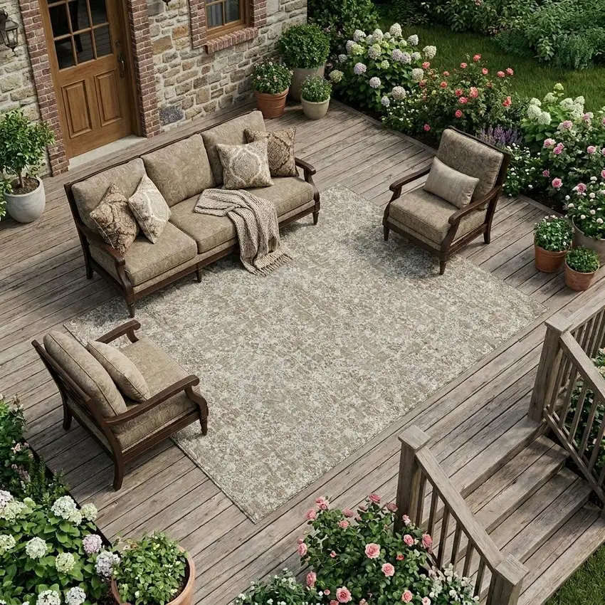Beige And Khaki Oriental Washable Indoor Outdoor Area Rug Photo 1