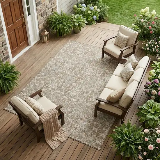 Beige And Khaki Oriental Washable Indoor Outdoor Area Rug Photo 1