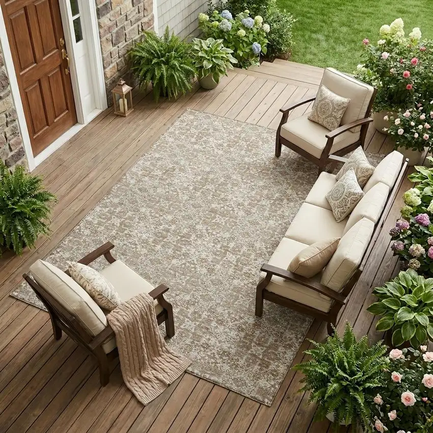 Beige And Khaki Oriental Washable Indoor Outdoor Area Rug Photo 1