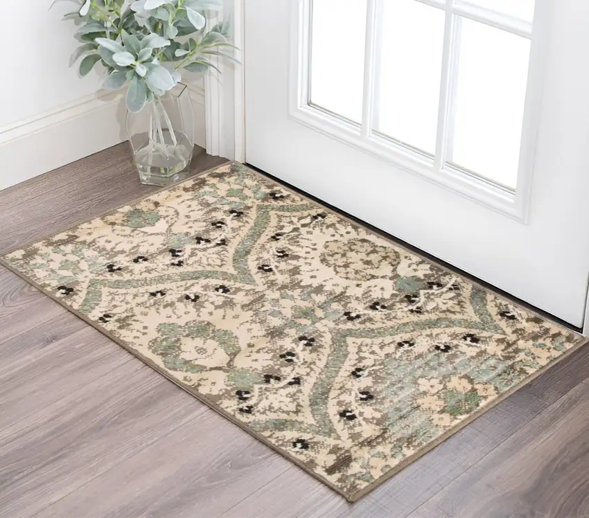 Ivory Beige And Light Blue Floral Stain Resistant Area Rug Photo 1