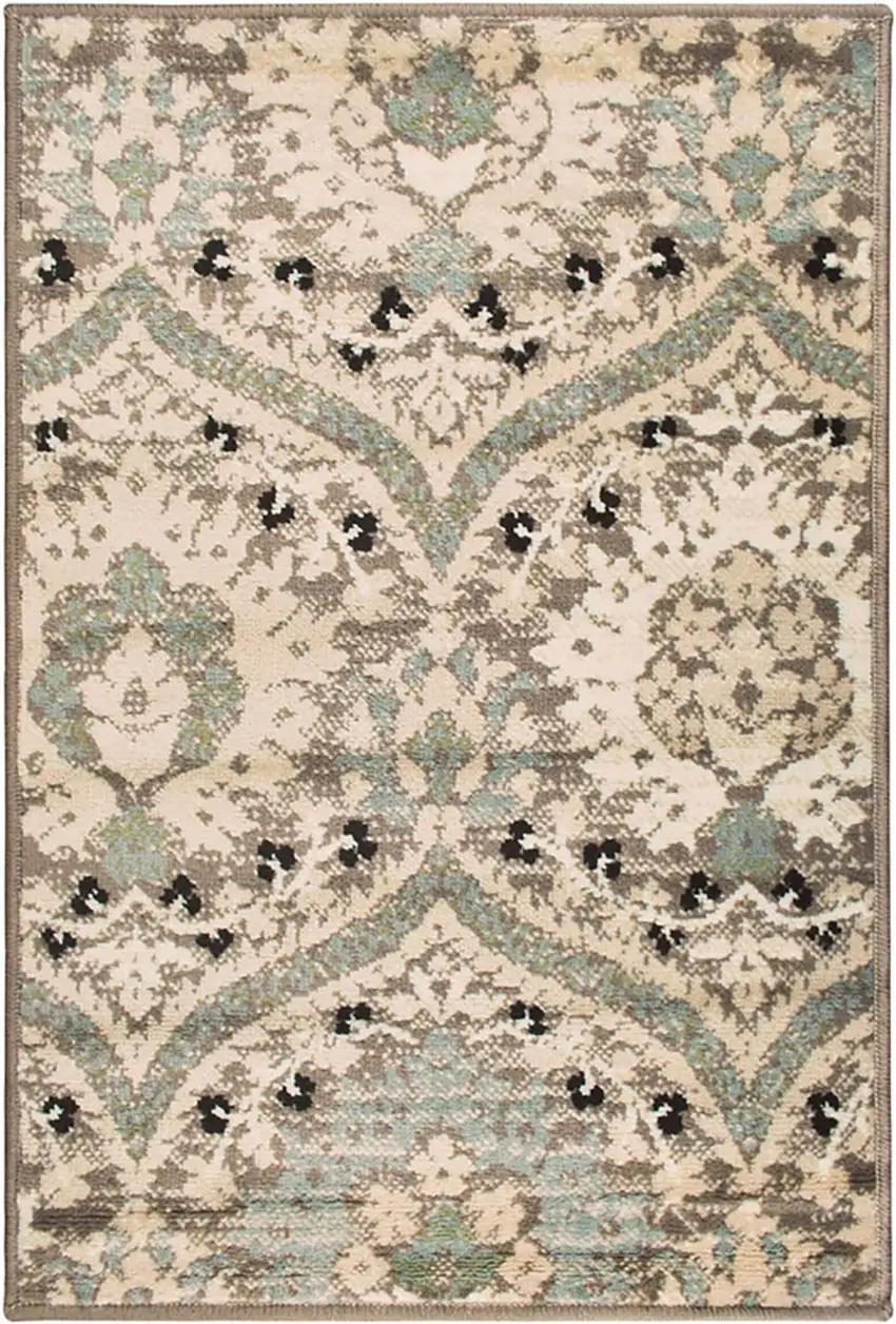 Beige And Light Blue Floral Stain Resistant Area Rug Photo 1