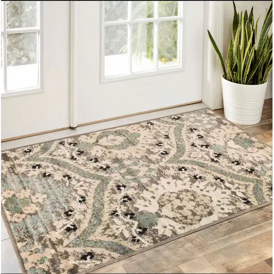 Ivory Beige And Light Blue Floral Stain Resistant Area Rug Photo 5