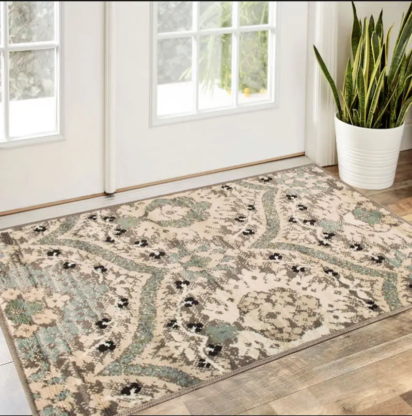 Ivory Beige And Light Blue Floral Stain Resistant Area Rug Photo 5