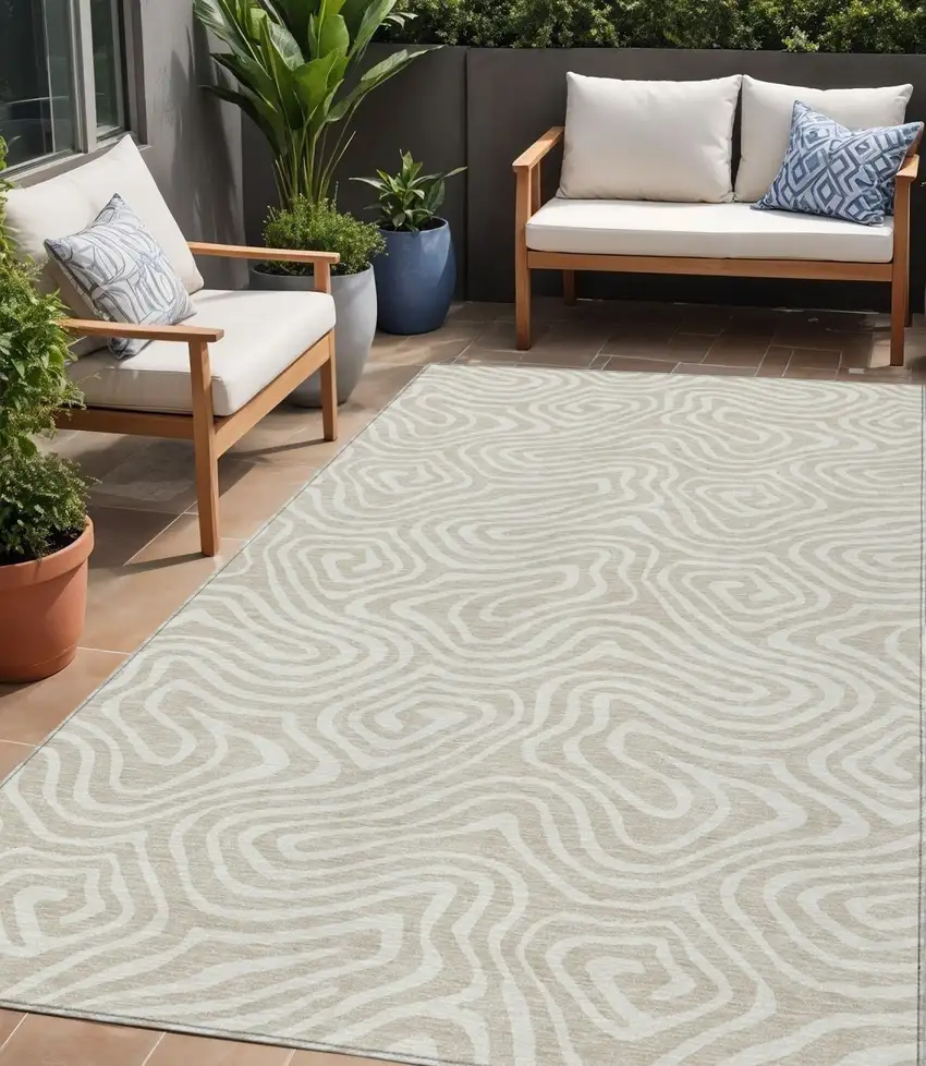 Beige And Linen Abstract Washable Indoor Outdoor Area Rug Photo 1