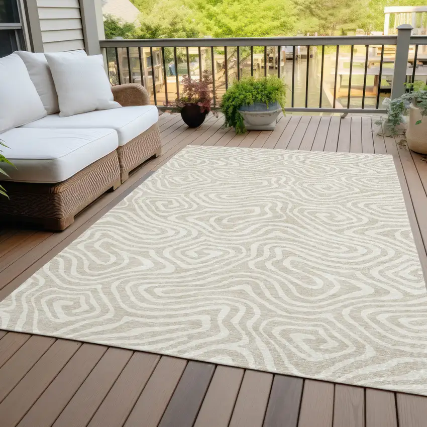 Beige And Linen Abstract Washable Indoor Outdoor Area Rug Photo 8