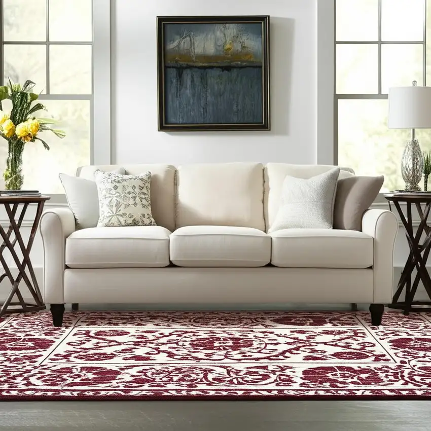 Beige And Maroon Tribal Washable Area Rug With UV Protection Photo 1