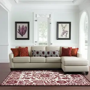 Photo of Beige And Maroon Tribal Washable Area Rug With UV Protection