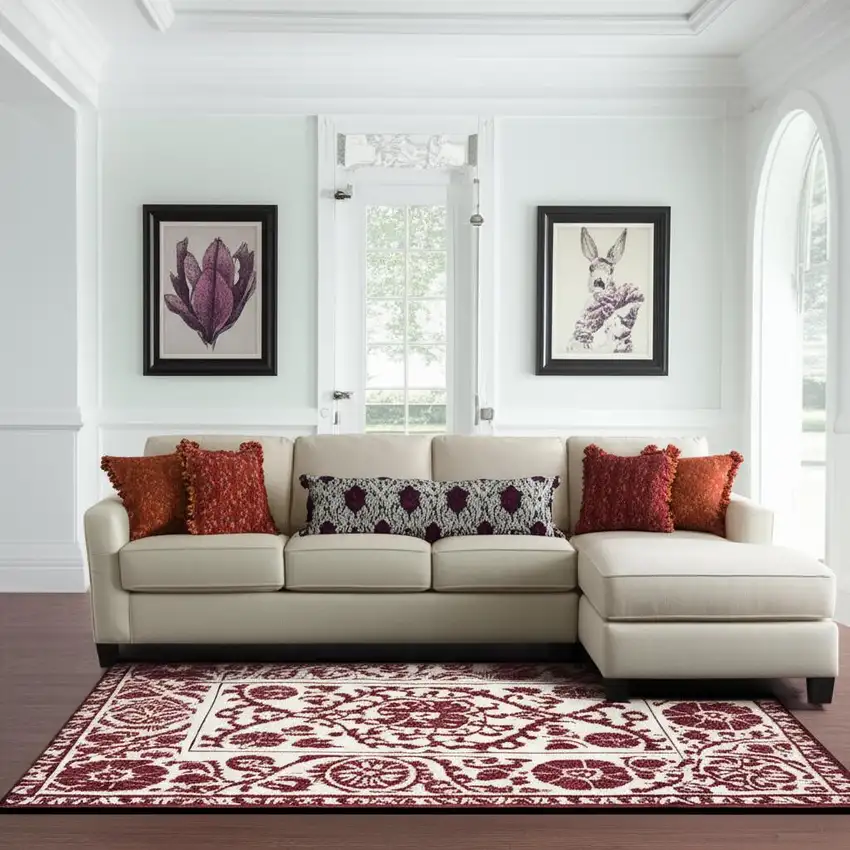 Beige And Maroon Tribal Washable Area Rug With UV Protection Photo 1