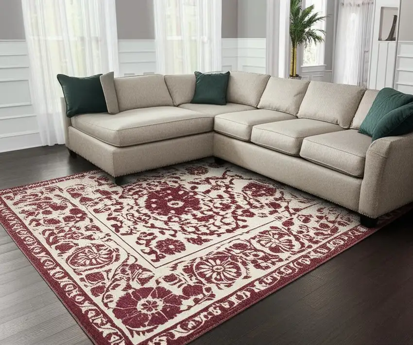 Beige And Maroon Tribal Washable Area Rug With UV Protection Photo 1