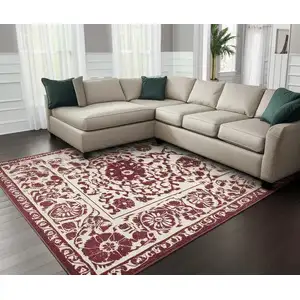 Photo of Beige And Maroon Tribal Washable Area Rug With UV Protection