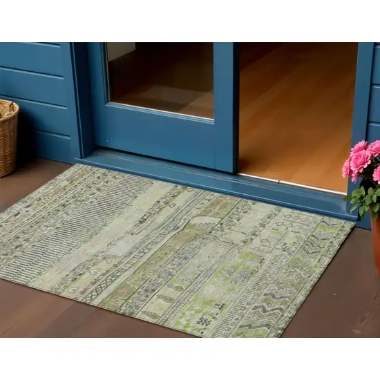 Beige And Mint Green Striped Washable Indoor Outdoor Area Rug Photo 2