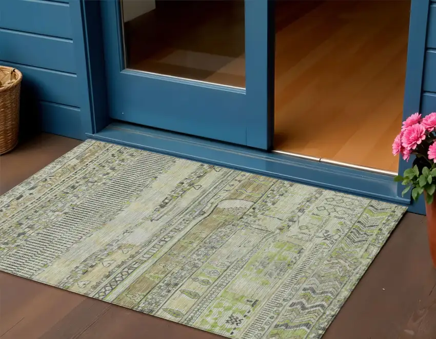 Beige And Mint Green Striped Washable Indoor Outdoor Area Rug Photo 2