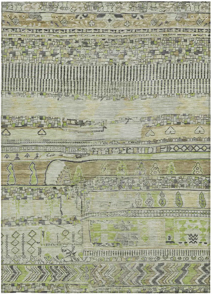 Beige And Mint Green Striped Washable Indoor Outdoor Area Rug Photo 4