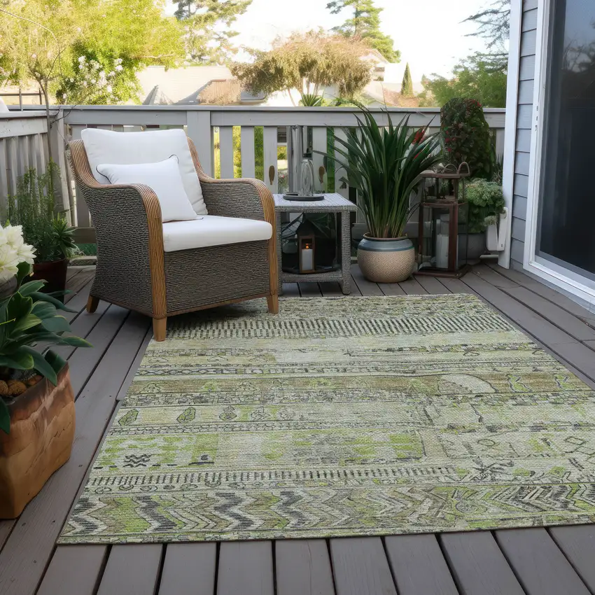 Beige And Mint Green Striped Washable Indoor Outdoor Area Rug Photo 8