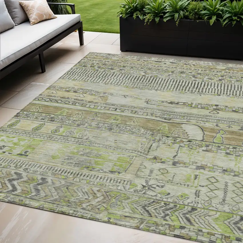 Beige And Mint Green Striped Washable Indoor Outdoor Area Rug Photo 2
