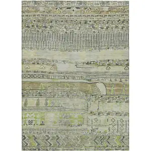 Photo of Beige And Mint Green Striped Washable Indoor Outdoor Area Rug