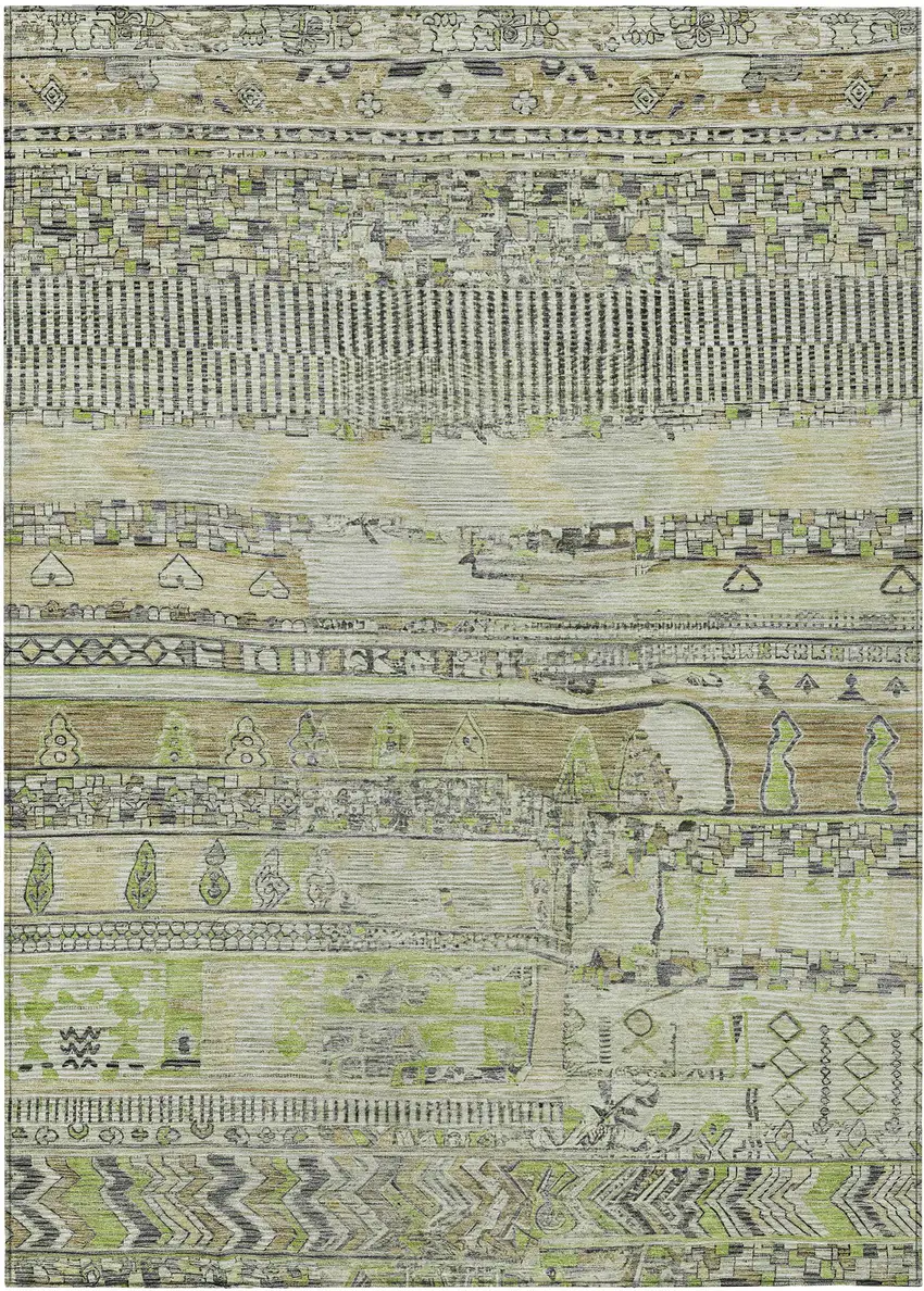 Beige And Mint Green Striped Washable Indoor Outdoor Area Rug Photo 1