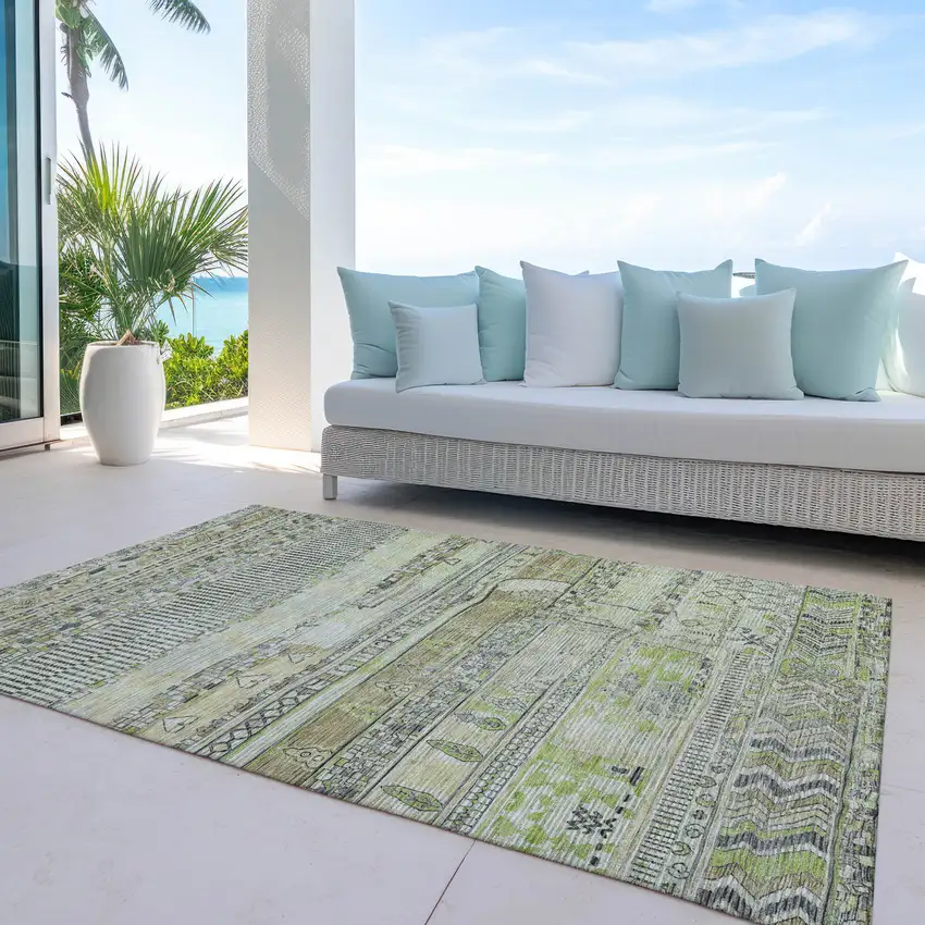 Beige And Mint Green Striped Washable Indoor Outdoor Area Rug Photo 5